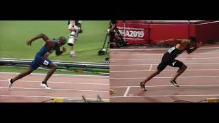 200m startingblocks Noah Lyles vs Andre de Grasse slowmotion [upl. by Cassandry]