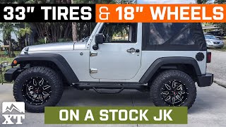 Stock JK Wrangler  33x115R18  18x9 Wheels  WampT Fitment [upl. by Neelyar577]