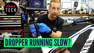 How To Service A Slow MTB Dropper Post  Mountain Bike Maintenance [upl. by Anyala662]