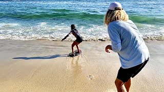 Professional Skateboarder Sky Brown Tries Skimboarding for the First Time [upl. by Nnarefinnej]