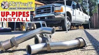 2001 F350 73  RiffRaff UpPipes Install  Stock up pipes leaking and falling apart JUNK SP [upl. by Delmore]