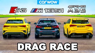 Audi S3 v BMW M135i v AMG A35  DRAG RACE [upl. by Yokum]