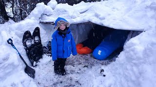 Survival Shelter Winter Camping in Blizzard  Deep Snow Camping in Alaska [upl. by Boelter]